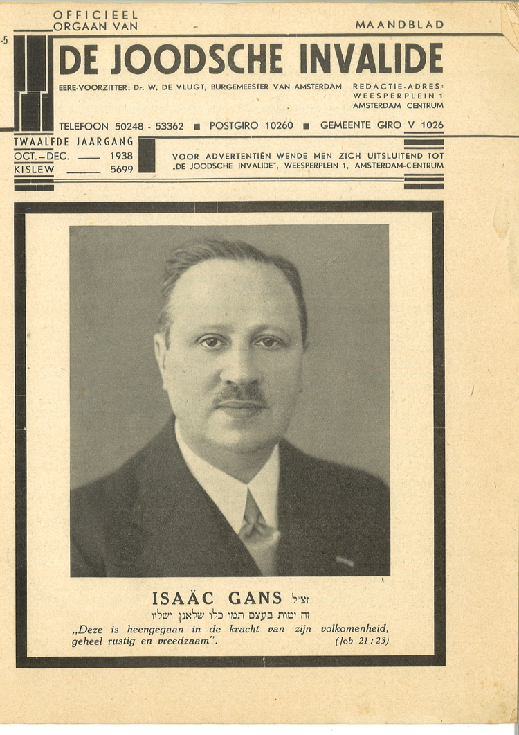Het In Memoriam nummer van Het maandblad van De Joodsche invalide van okt-dec. 1938. met op de voorpagina Isaäc Gans.    