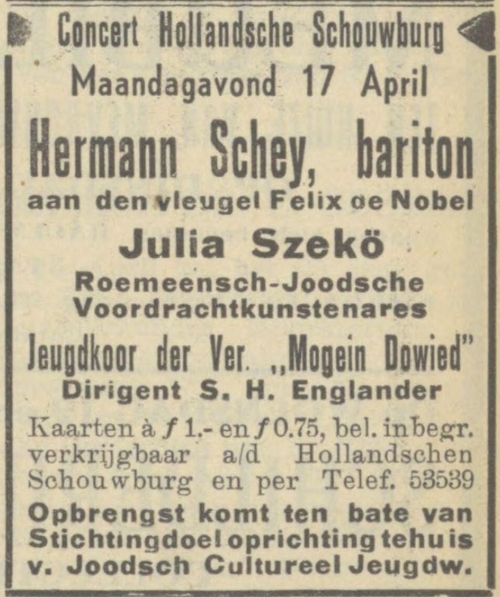 Optreden in de Hollandsche Schouwburg door Mogein Dowied. Bron: het Algemeen Handelsblad van 13-04-1939.  