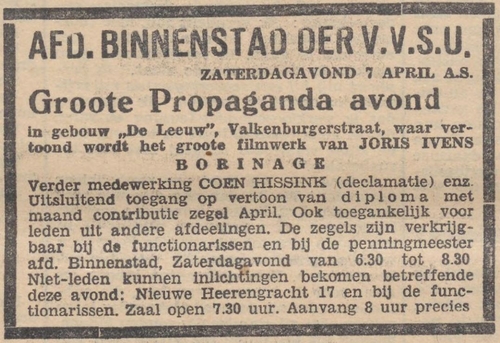 Advertentie voor een film van Joris Ivens  De Leeuw. Bron: De Tribune: soc. dem. weekblad van 07-04-1934  
