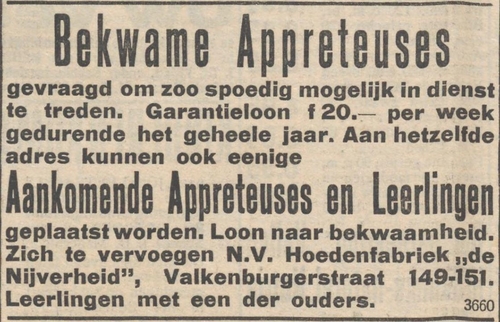 Advertentie voor Hoedenfabrikant ‘De Nijverheid’, Valkenburgerstraat 149-151. Bron: Nieuw Israelietisch weekblad van 21-10-1921  