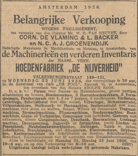 Advertentie over de openbare verkoping van de Hoedenfabriek. Bron: Algemeen Handelsblad van 7 juni 1926.  