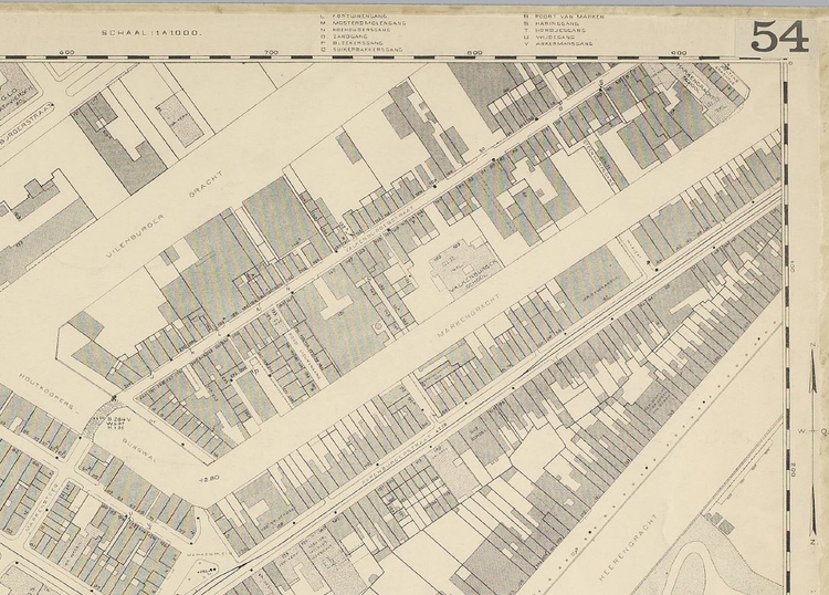 Uitsnede uit de kaart van 1:1000, over Valkenburgerstraat 1909 – 1923  