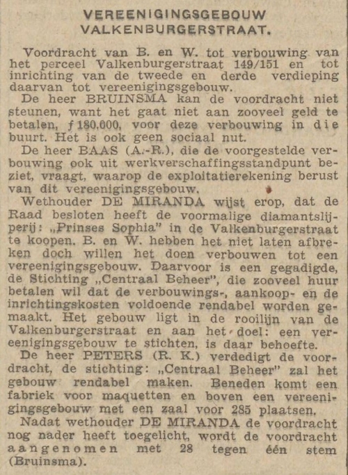 Raadsvergadering over de verbouwing Valkenburgerstraat 149. bron: Algemeen Handelsblad van 04-06-1931  