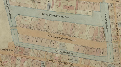 Uitsnede van een kaart van de Jodenbuurt na de sanering van Uilenburg en Valkenburg. Bron: SAA, Archief van de Dienst Bouw en Woningtoezicht: kaarten (10040), inv. nr. 181. 1936 -1952  
