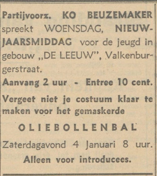 Advertentie voor een politieke jeugdbijeenkomst. Bron: De Tribune: soc. dem. weekblad van 31-12-1935  