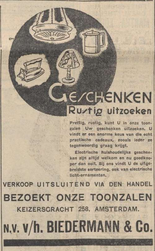 Algemeen Handelsblad van 01-12-1932 = advertentie Biedermann Keizersgracht 258  