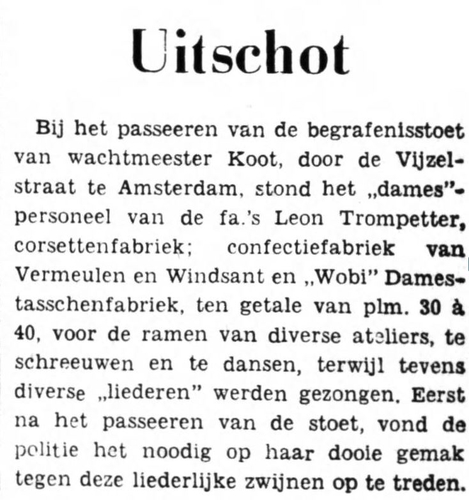 Artikel n.a.v. het gedrag van twee bedrijven a/d Vijzelgracht/straat toen de begrafenisstoet van Koot langs kwam. Bron: Het Nationale Dagblad: voor het Nederlandsche volk van 19-02-1941  
