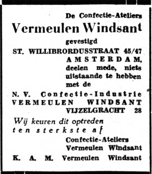 Advertentie om zich te distantiëren van de firma op de Vijzelgracht, wel met dezelfde naam overigens. Bron: Het Nationale Dagblad: voor het Nederlandsche volk van 22-02-1941  