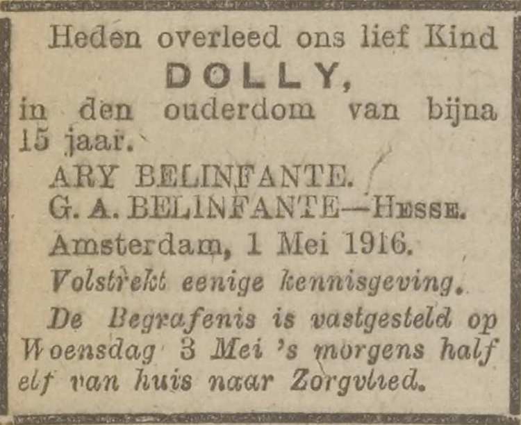 Het overlijden van dochter Dolly, bron: Het nieuws van den dag van 02-05-1916   