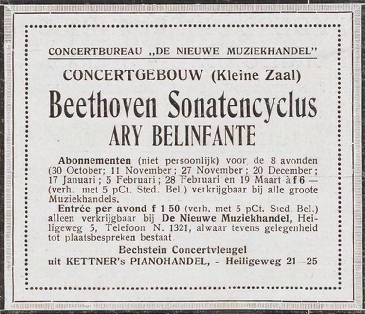 De Sonatencyclus Beethoven door Ary Belinfante. BRON: De kunst; een algemeen geïllustreerd en artistiek weekblad jrg 9, 1916/1917, no 456, 21-10-1916  