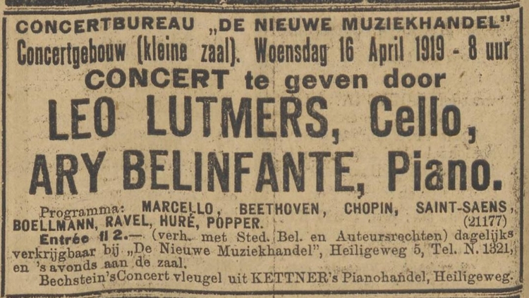 Concert van Ary Belinfante samen met de cellist Leo Lutmers. Bron: het Alg. Handelsblad van 13-04-1919  