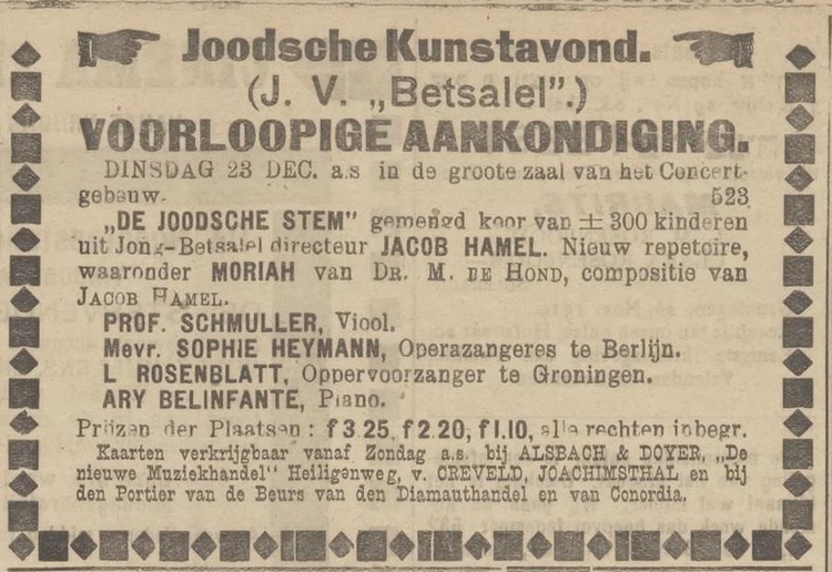 Ary Belinfante werkt mee aan een Joodse Kunstavond. Bron: Centraal blad voor Israëlieten in Nederland van 28-11-1919  