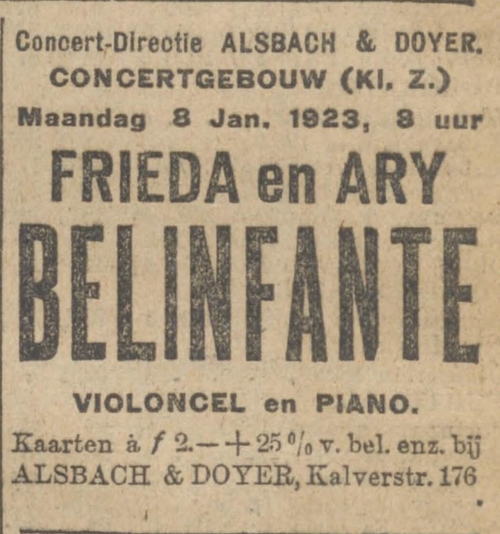Een gezamenlijk optreden van Ary Belinfante met zijn dochter Frieda op cello in de kleine zaal van het Concertgebouw. Bron: het Algemeen Handelsblad van 02-01-1923.  