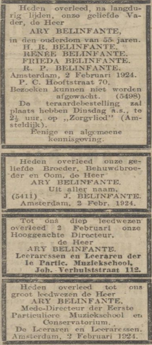 Overlijdensberichten in de krant na het overlijden van Ary Belinfante. Bron: het Algemeen Handelsblad van 04-02-1924  