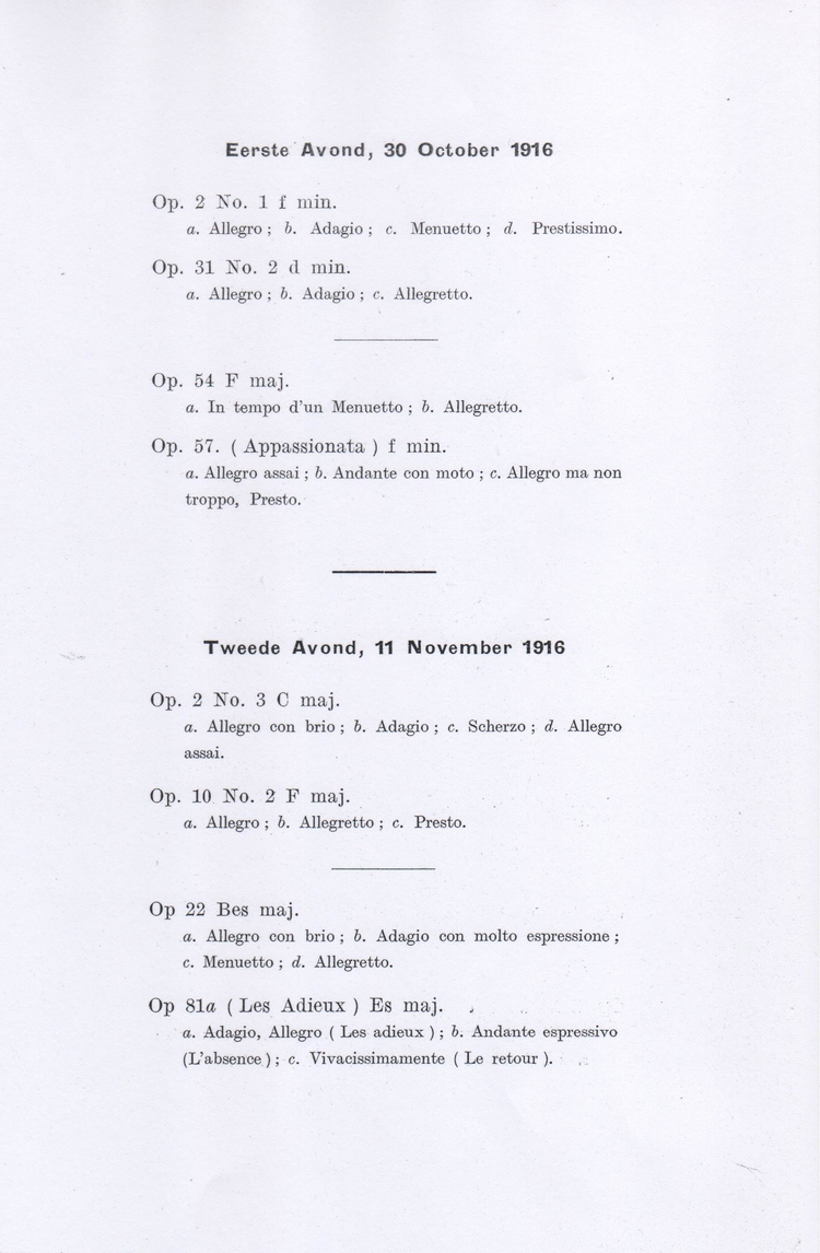 Beethoven Sonaten Cyclus. Eerste avond, 30 oktober 1916 + Tweede avond, 11 november 1916  