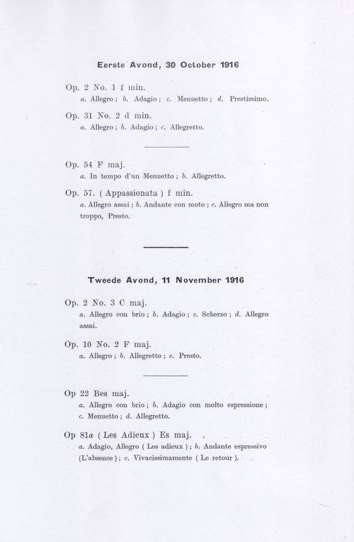 Beethoven Sonaten Cyclus. Eerste avond, 30 oktober 1916 + Tweede avond, 11 november 1916  
