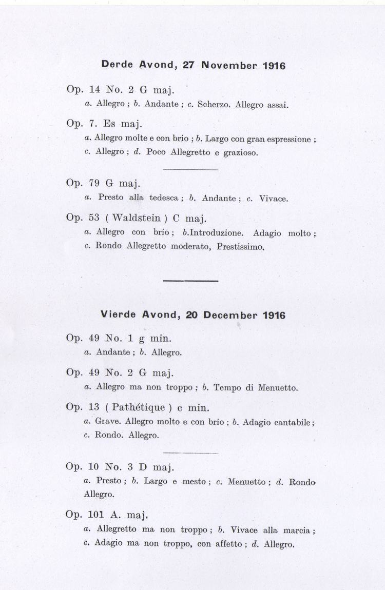 Beethoven Sonaten Cyclus. Derde avond, 27 november 1916 + Vierde avond, 20 december 1916  