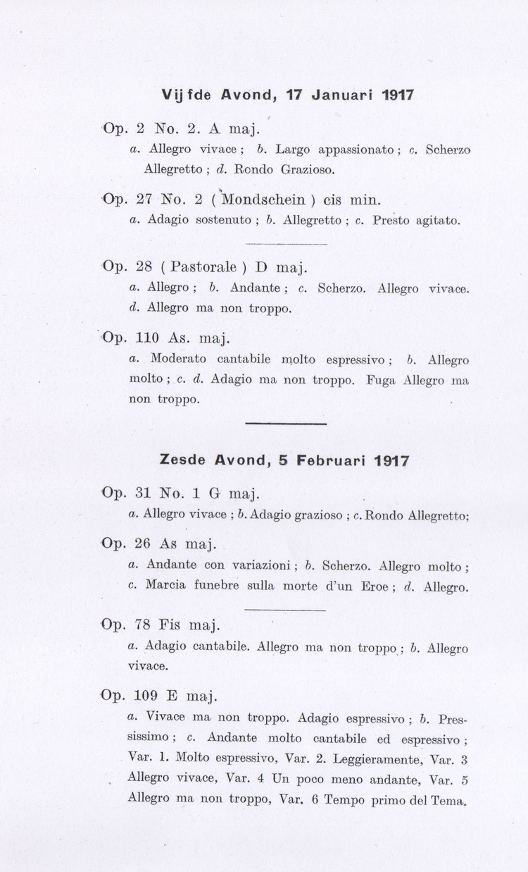 Beethoven Sonaten Cyclus. Vijfde avond, 17 januari 1917 + Zesde avond, 5 februari 1917  