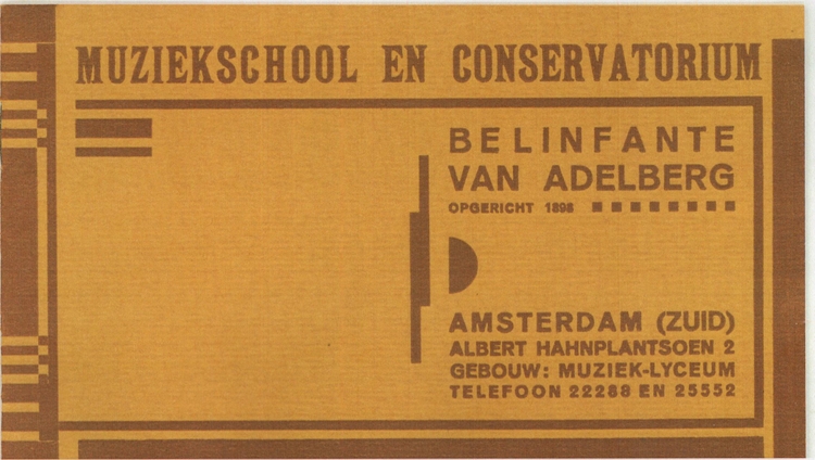 Prospectus van de Muziekschool en Conservatorium ‘Belinfante Van Adelberg’ (Albert Hahnplantsoen 2), datering onbekend, bron: Klein Materiaal SAA, Q 865.091  