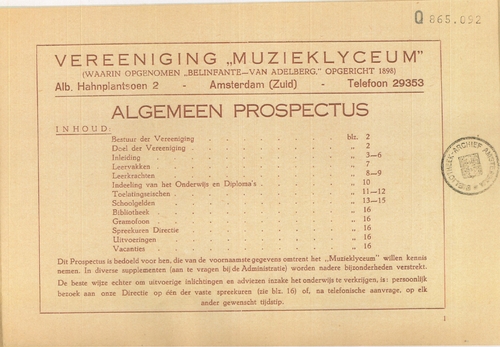 Voorblad van de prospectus van de ‘Vereeniging Muzieklyceum’ (waarin opgenomen de “Belinfante – Van Adelberg”), datering onbekend. Bron: Klein Materiaal SAA, Q 865.092   