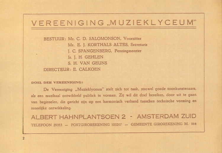 Prospectus (blz. 1) van de ‘Vereeniging Muzieklyceum’ (waarin opgenomen de “Belinfante – Van Adelberg”), datering onbekend. Bron: Klein Materiaal SAA, Q 865.092  