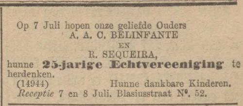 Familieadvertentie over het 25-jarig huwelijk van de ouders van Ary Belinfante, let op de initialen! Bron: het Algemeen Handelsblad van 01-07-1894.   