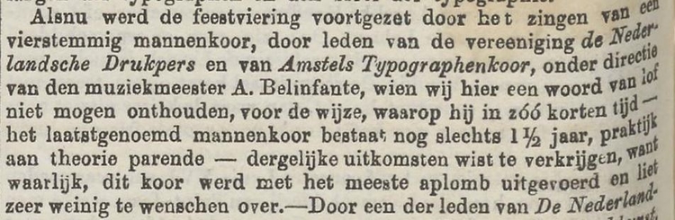Tekst over muziekmeester A. Belinfante in het Nieuw Amsterdamsch handels- en effectenblad van 15-07-1861.  