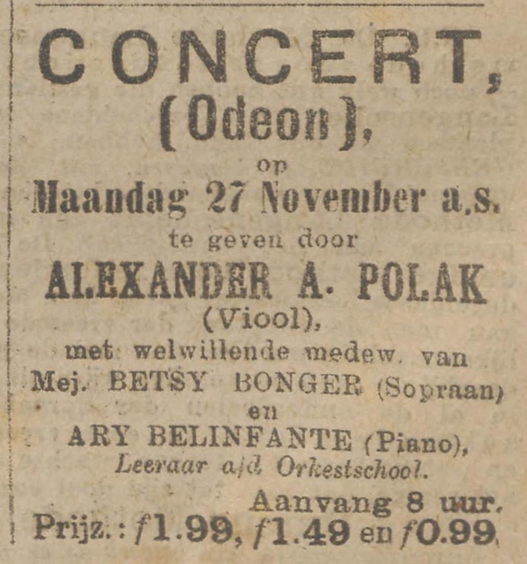 Eerste optreden van Ary Belinfante, bron: Het nieuws van den dag : kleine courant van 27-11-1893  