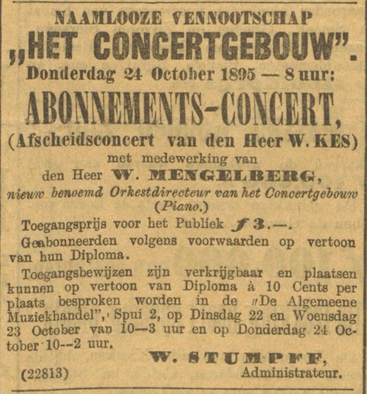 Afscheidsconcert voor en van Willem Kes. Bron: het Alg. Handelsblad van 24-10-1895.  