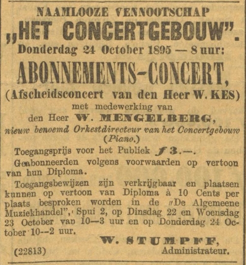 Afscheidsconcert voor en van Willem Kes. Bron: het Alg. Handelsblad van 24-10-1895.  