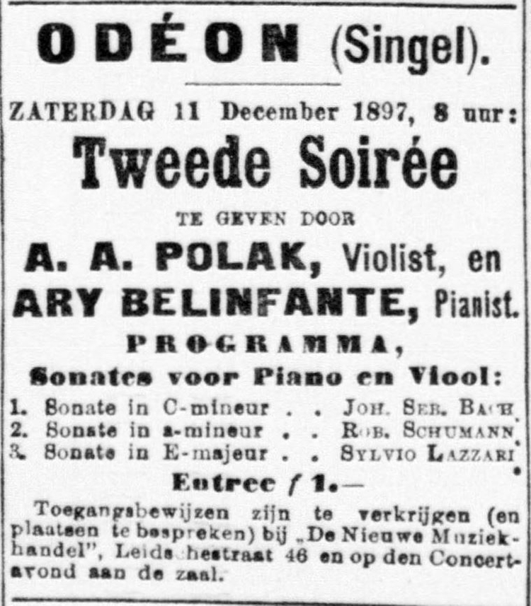 Advertentie voor de tweede ‘Soirée’ door A. Plak en A. Belinfante, bron: De Telegraaf van 10-12-1897  