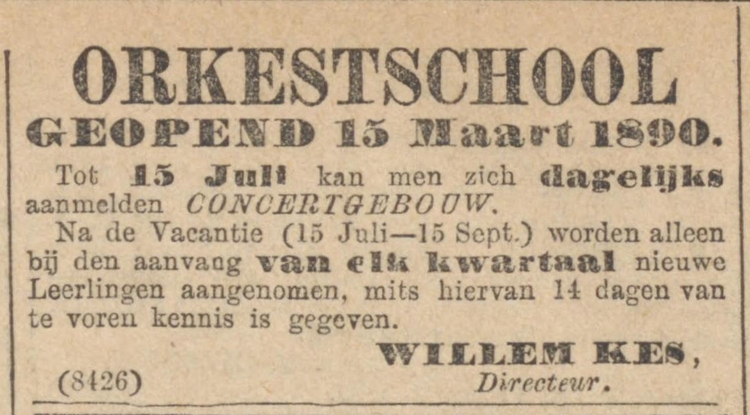Orkestschool geopend, bron: het Algemeen Handelsblad van 21-03-1890  