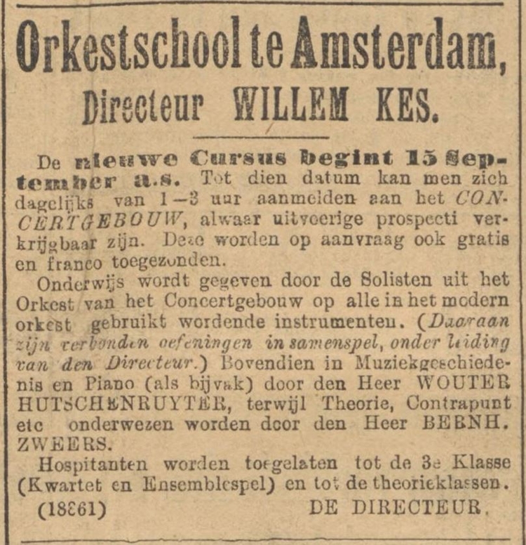 Inschrijving voor de nieuwe cursus van de Orkestschool, bron: het Algemeen Handelsblad van 21-08-1891  