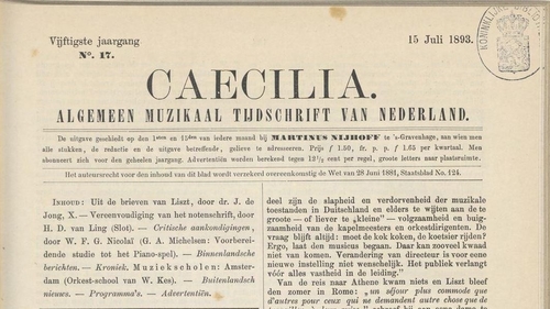 Kop van het tijdschrift voor muziek: Caecilia, 15 juli 1893.  