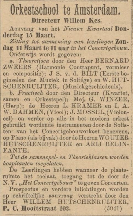 Advertentie orkestschool waar Ary Belinfante leraar van de Orkestschool wordt genoemd , bron: het Algemeen Handelsblad van 06-03-1894  