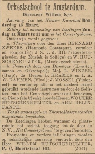 Advertentie orkestschool waar Ary Belinfante leraar van de Orkestschool wordt genoemd , bron: het Algemeen Handelsblad van 06-03-1894  