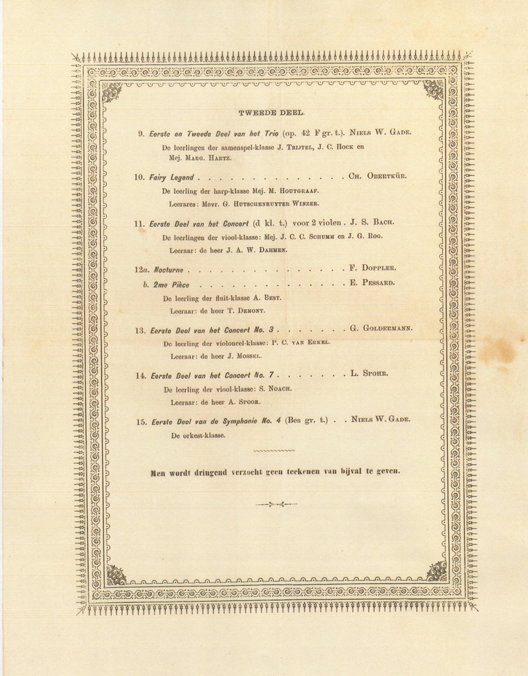 Voordrachtsavond door leerlingen van de Orkestschool, schooljaar 1897, tweede deel. Bron: Klein Materiaal Q 865.055.  