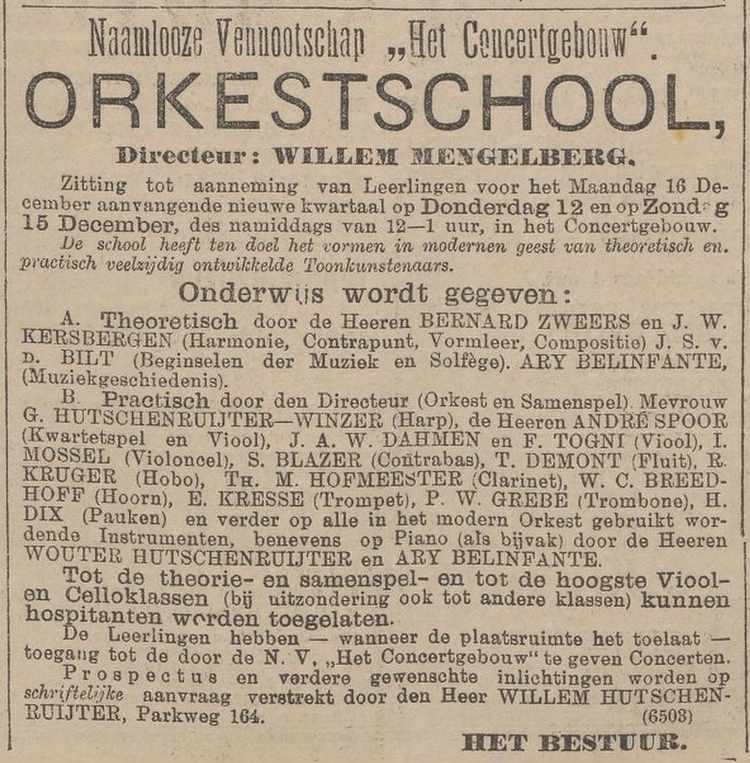 Advertentie voor de Orkestschool van Het Concertgebouw. Bron: Het nieuws van den dag : kleine courant van 10-12-1895  