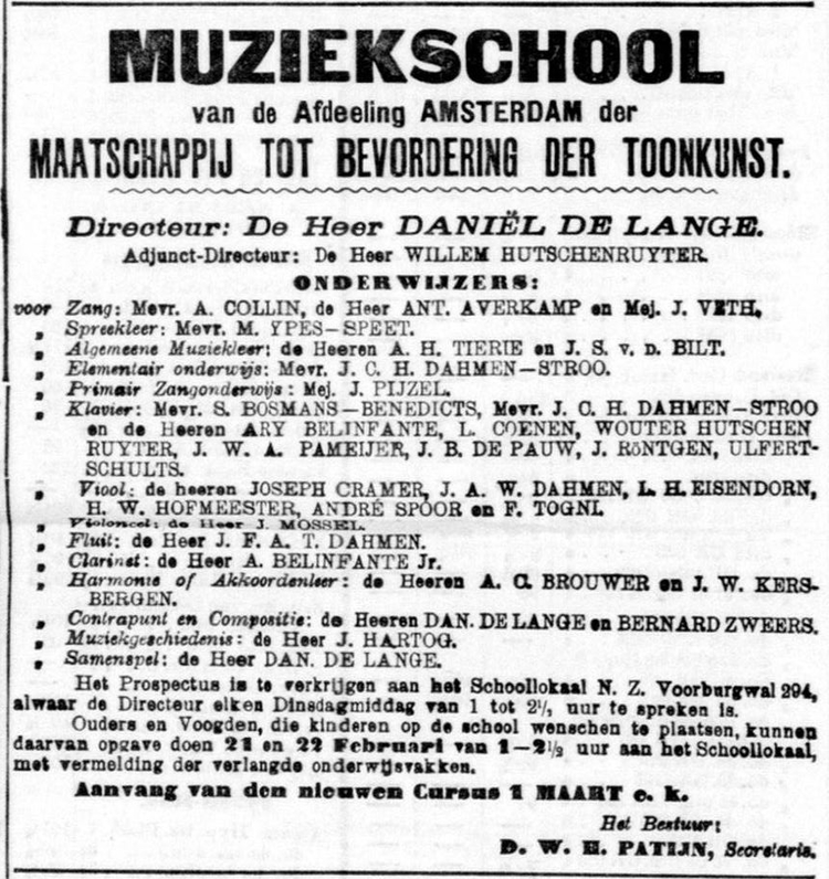 Advertentie voor de Muziekschool van de afdeling Amsterdam der Maatschappij der bevordering der Toonkunst. Bron: De Telegraaf van 17-02-1899.  
