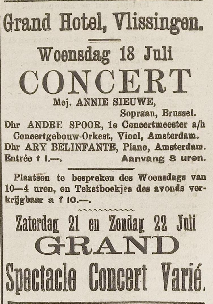 Advertentie voor een concert in Vlissingen, bron: Middelburgsche courant van 17-07-1900  