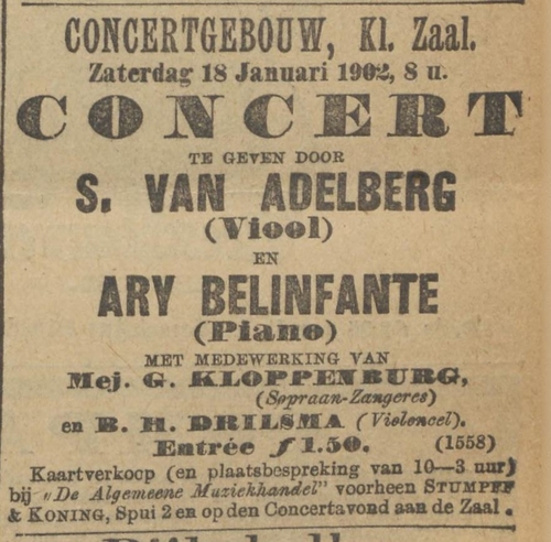 Concert door een aantal docenten van de Particuliere Muziekschool, bron: Alg. Hand. van 16-01-1902  