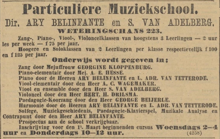 Advertentie van de Partic. Muziekschool met de namen van alle docenten uit het Alg. Handelsblad van 10-02-1903  