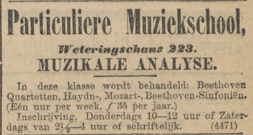 Muzikale analyse van diverse componisten door de Particuliere Muziekschool. Bron: Algemeen handelsblad van 17-02-1904.  
