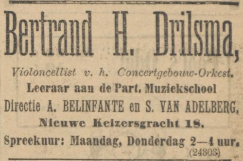 Bertrand Drilsma, violoncellist, bron: Algemeen Handelsblad van 27-08-1904  