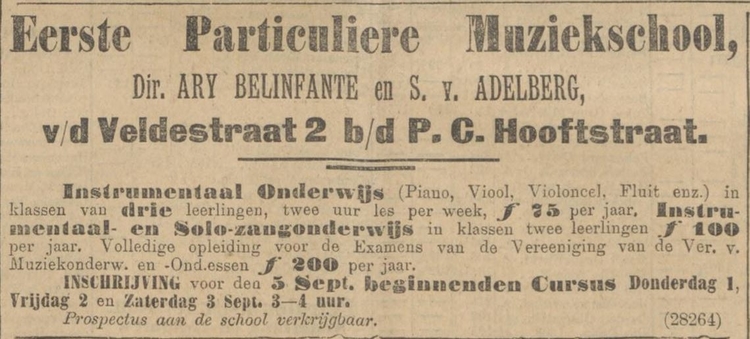 Advertentie van de 1e Part. Muziekschool met prijzen der cursussen. Bron: het Algemeen Handelsblad van 30-08-1910  