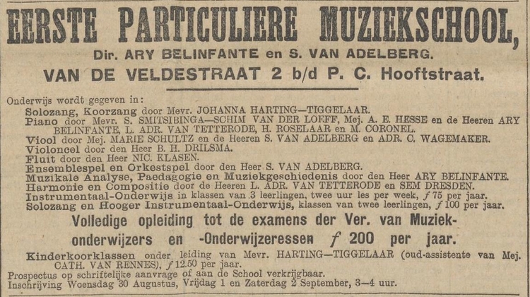 Advertentie van de Eerste Part. Muziekschool met de docenten, bron: Het nieuws van den dag : kleine courant van 29-08-1911  