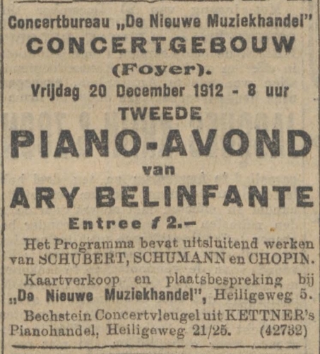 Tweede pianoavond in het Concertgebouw door Ary Belinfante, bron: Algemeen Handelsblad van 19-12-1912  