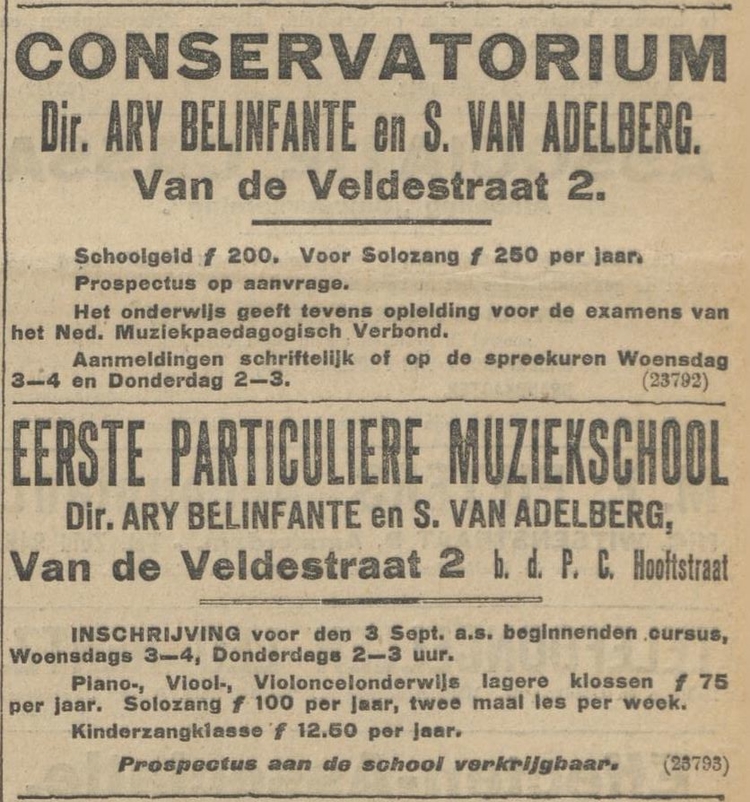 Twee advertenties, er lijkt sprake van een splitsing tussen Conservatorium en Partic. Muziekschool. Bron: Algemeen Handelsblad van 04-06-1913.  