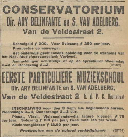 Twee advertenties, er lijkt sprake van een splitsing tussen Conservatorium en Partic. Muziekschool. Bron: Algemeen Handelsblad van 04-06-1913.  