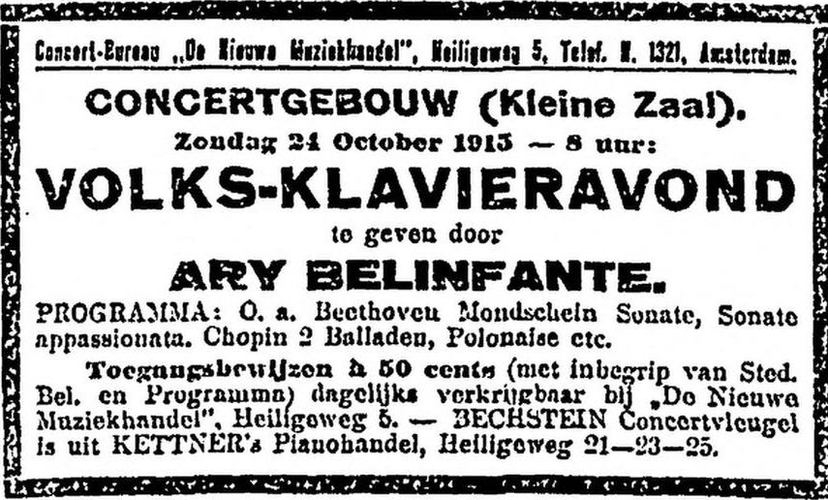 Volks - Klavieravond door Ary Belinfante in de KZ van het Concertgebouw. Bron: Het volk : dagblad voor de arbeiderspartij van 22-10-1915  